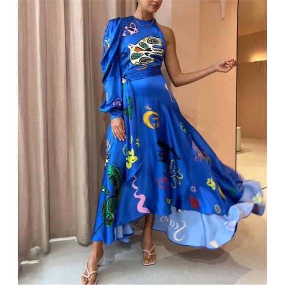 Alemais 100% silk Soleil One Shoulder Midi Dress In Cobalt NWT - Picture 2 of 8